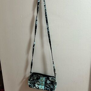 Lemon Hill Black‎ and Blueish Green Crossbody Bag with Floral Pattern Like New